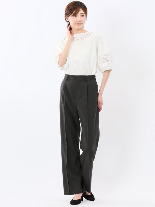 レース切替 クルーネック 半袖プルオーバー