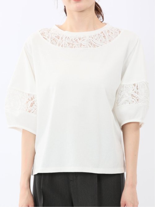 レース切替 クルーネック 半袖プルオーバー