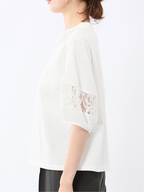 レース切替 クルーネック 半袖プルオーバー