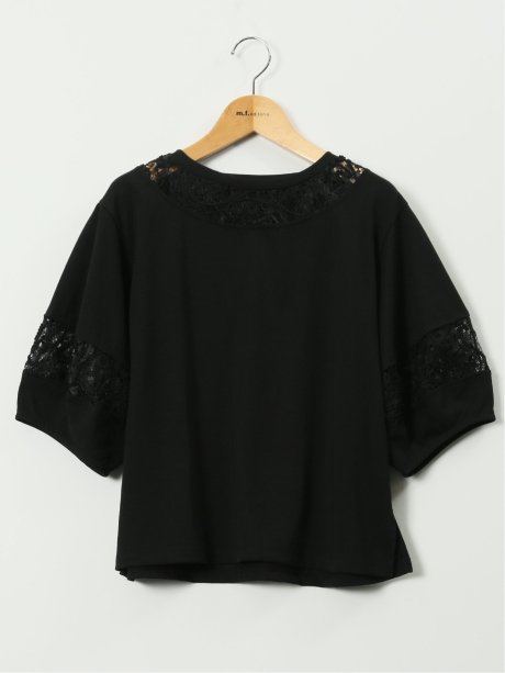 レース切替 クルーネック 半袖プルオーバー