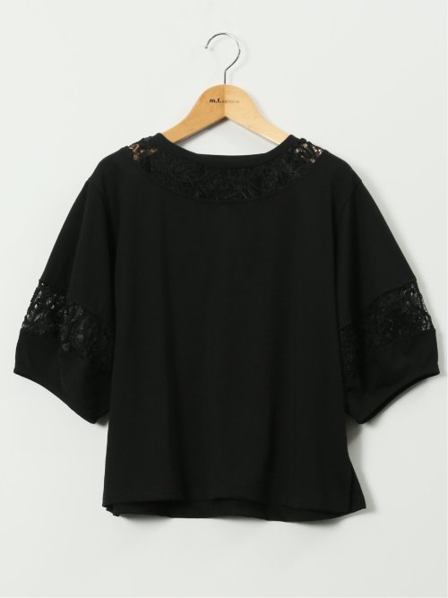 レース切替 クルーネック 半袖プルオーバー