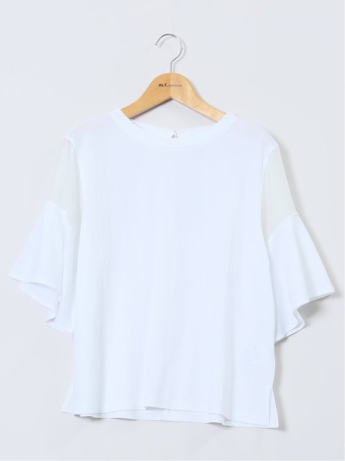 シアー切替 クルーネック 5分袖プルオーバー