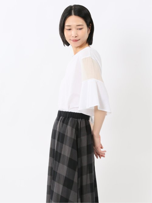 シアー切替 クルーネック 5分袖プルオーバー