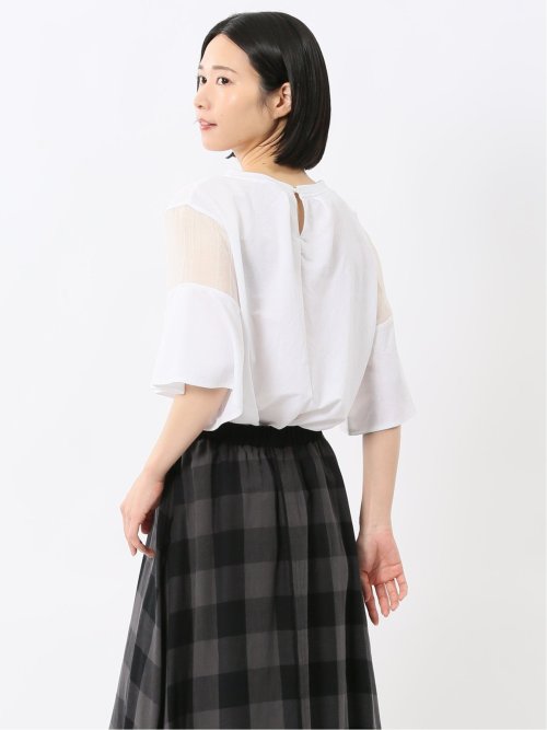 シアー切替 クルーネック 5分袖プルオーバー