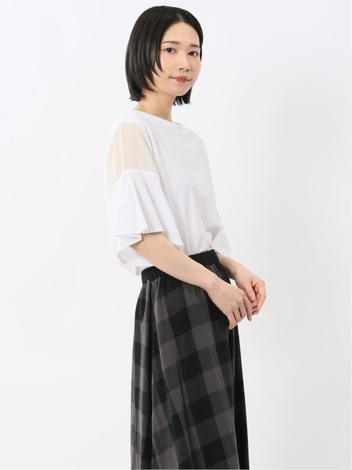 シアー切替 クルーネック 5分袖プルオーバー