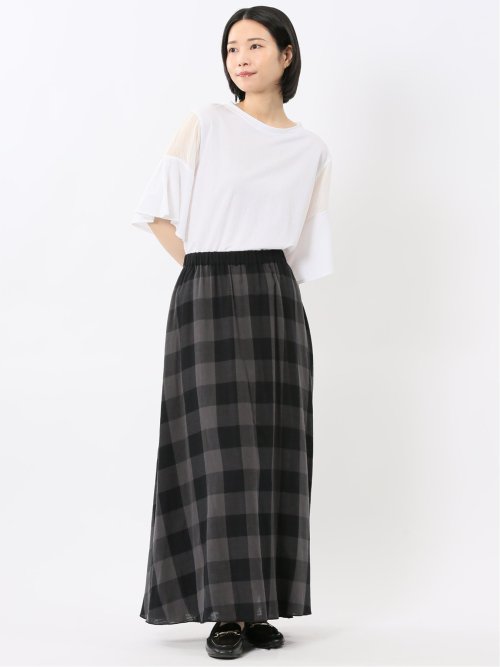 シアー切替 クルーネック 5分袖プルオーバー