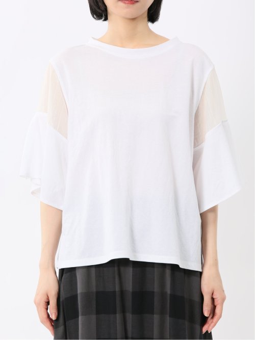 シアー切替 クルーネック 5分袖プルオーバー