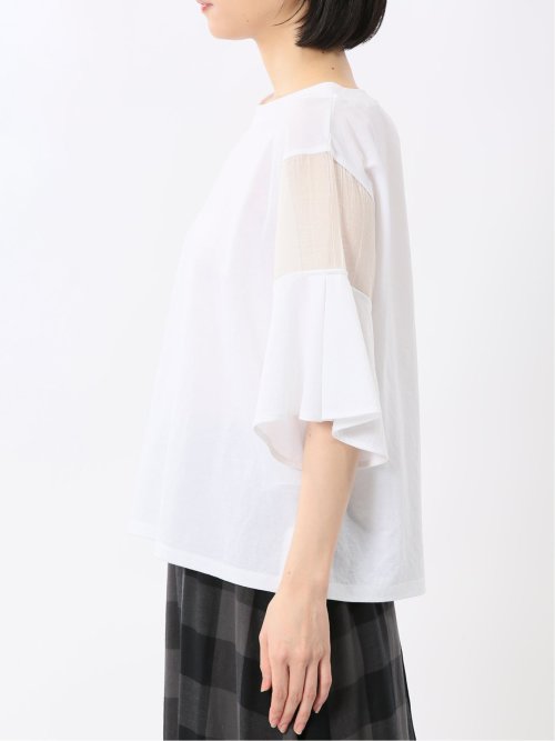 シアー切替 クルーネック 5分袖プルオーバー