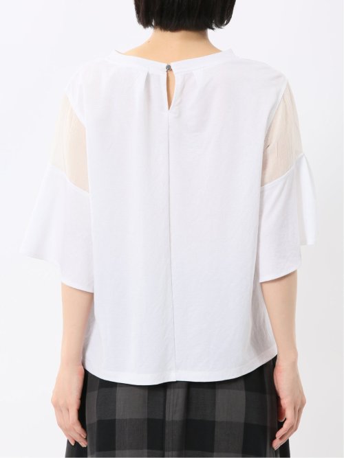 シアー切替 クルーネック 5分袖プルオーバー