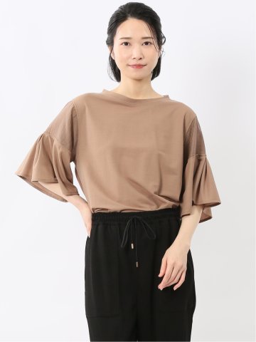 シアー切替 クルーネック 5分袖プルオーバー