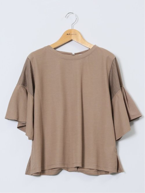 シアー切替 クルーネック 5分袖プルオーバー