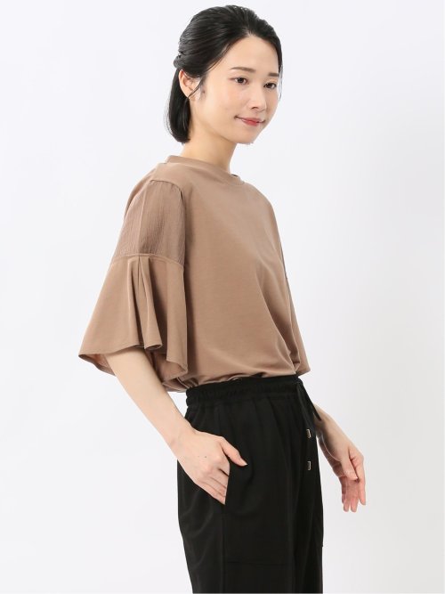 シアー切替 クルーネック 5分袖プルオーバー