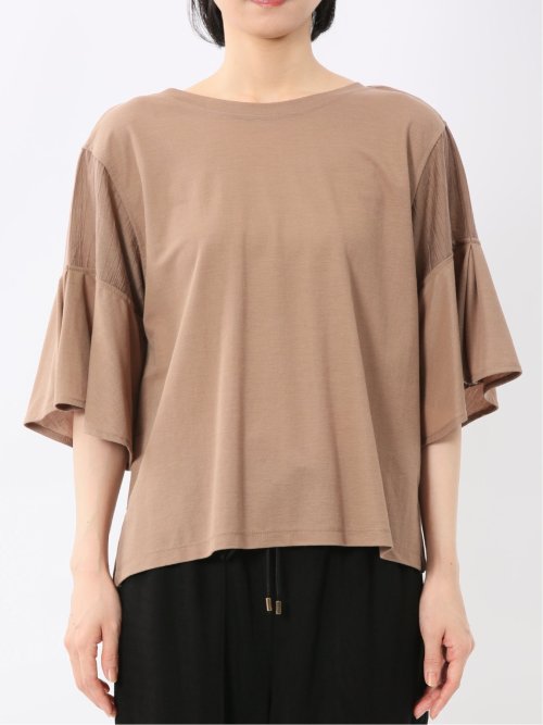 シアー切替 クルーネック 5分袖プルオーバー