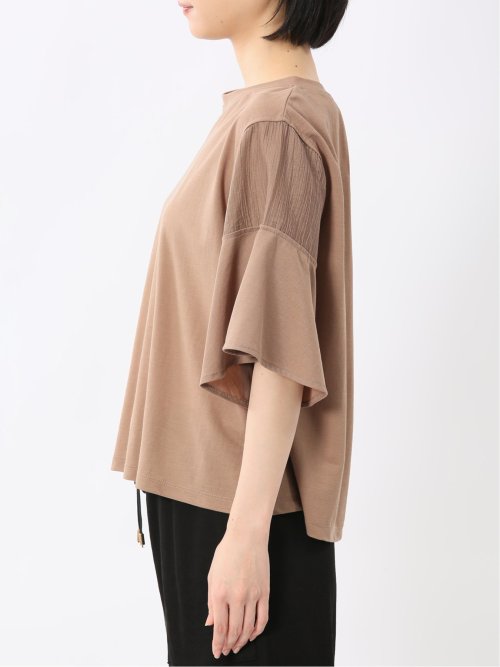 シアー切替 クルーネック 5分袖プルオーバー