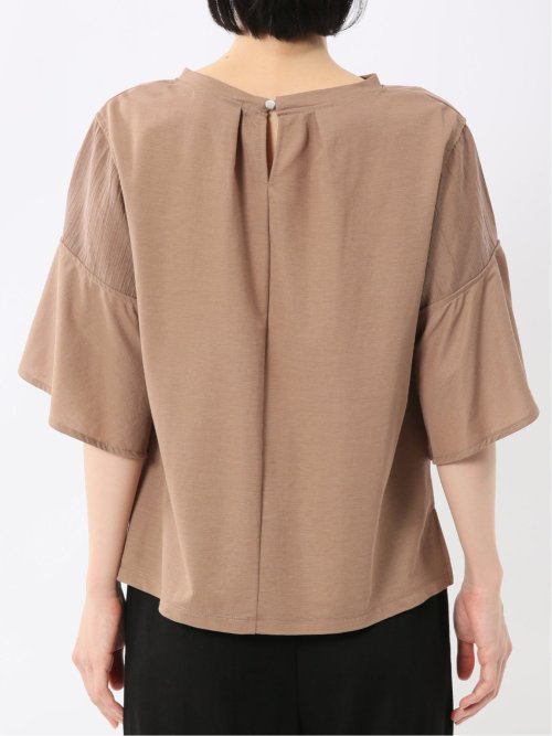 シアー切替 クルーネック 5分袖プルオーバー