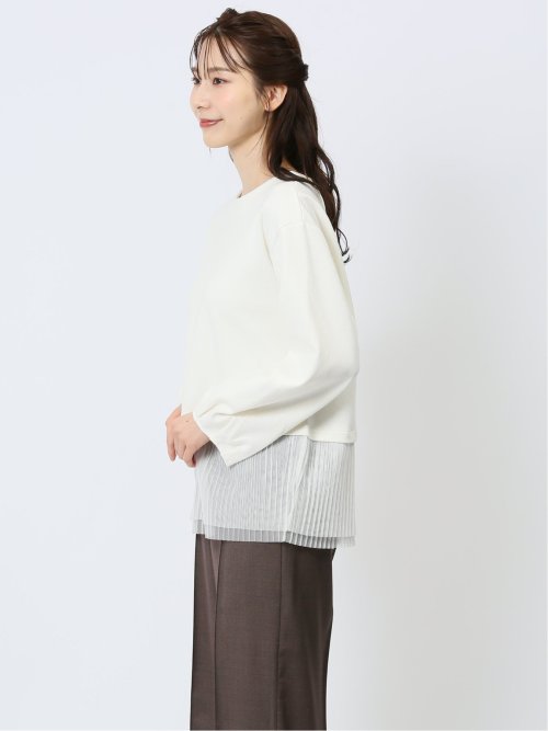 裾プリーツ クルーネック 長袖プルオーバー