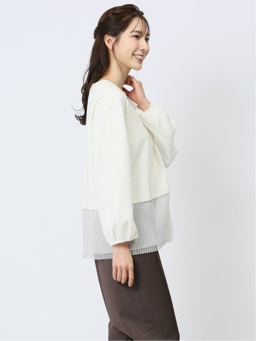 裾プリーツ クルーネック 長袖プルオーバー