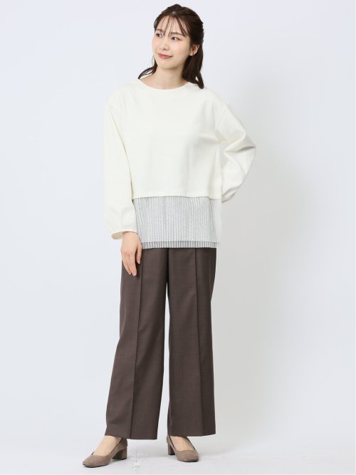 裾プリーツ クルーネック 長袖プルオーバー