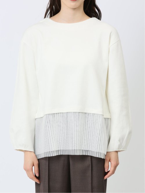 裾プリーツ クルーネック 長袖プルオーバー