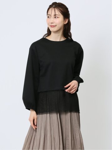 裾プリーツ クルーネック 長袖プルオーバー