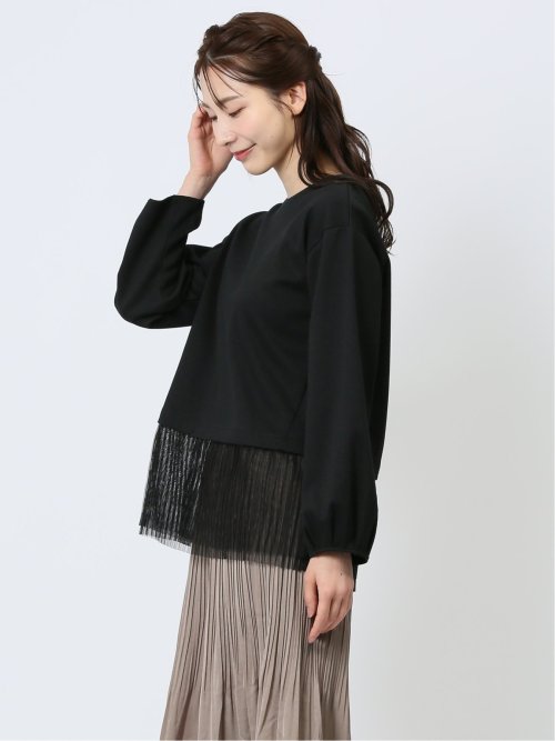 裾プリーツ クルーネック 長袖プルオーバー