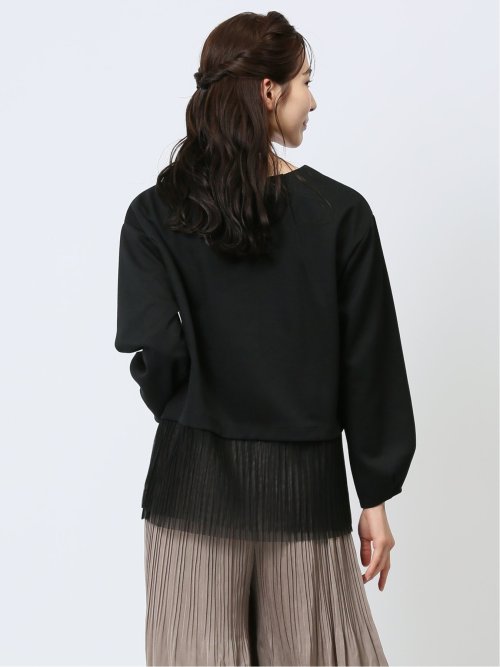 裾プリーツ クルーネック 長袖プルオーバー