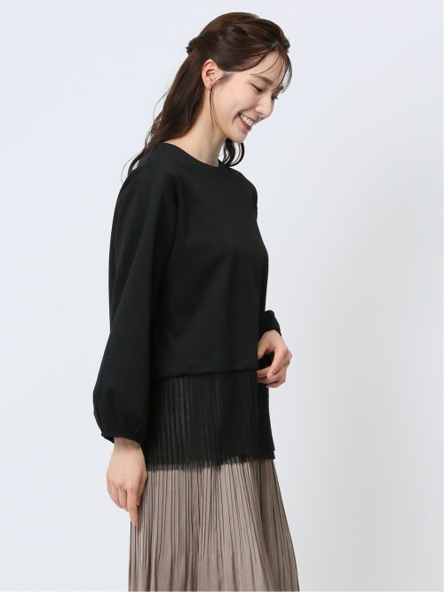 裾プリーツ クルーネック 長袖プルオーバー