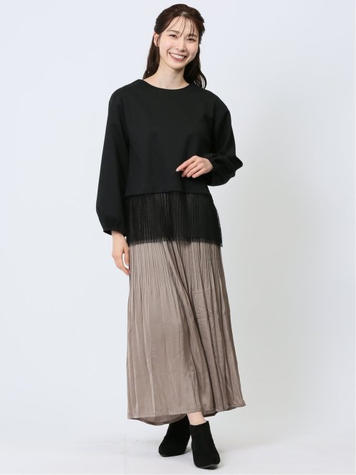 裾プリーツ クルーネック 長袖プルオーバー