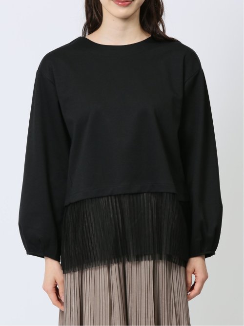 裾プリーツ クルーネック 長袖プルオーバー