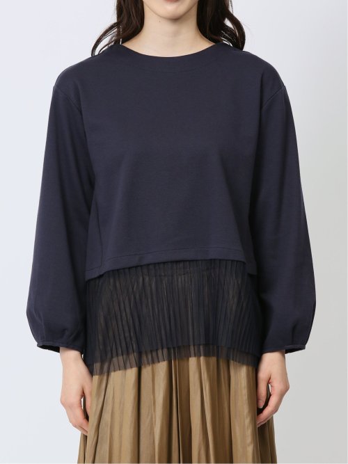 裾プリーツ クルーネック 長袖プルオーバー