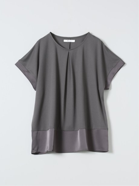 Tシャツ プルオーバー レディース 半袖 ストレッチ 接触冷感 クルーネック サテン 切替