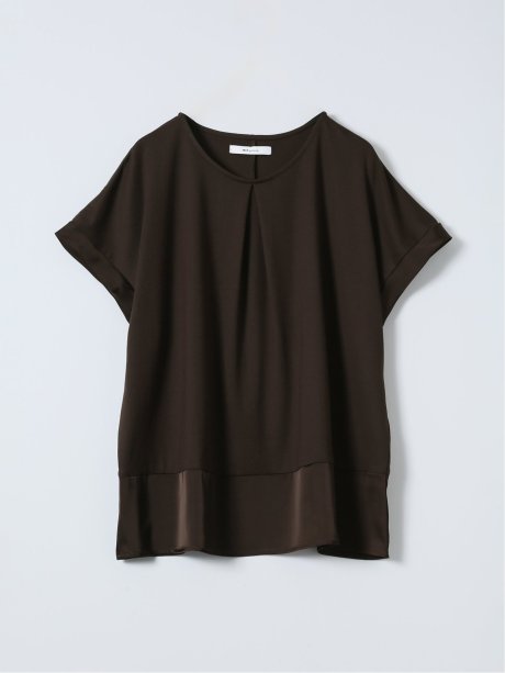 Tシャツ プルオーバー レディース 半袖 ストレッチ 接触冷感 クルーネック サテン 切替