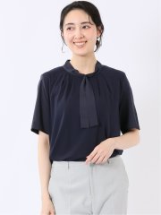 ストレッチ 袖布帛 ボウタイ付き 半袖 プルオーバー