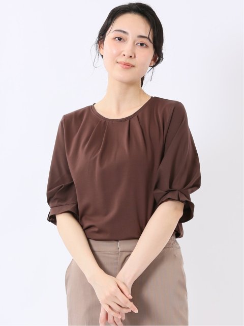 Tシャツ プルオーバー レディース 半袖 ストレッチ クルーネック 無地 袖布帛