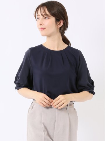 Tシャツ プルオーバー レディース 半袖 ストレッチ クルーネック 無地 袖布帛