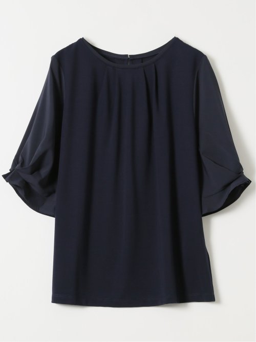 Tシャツ プルオーバー レディース 半袖 ストレッチ クルーネック 無地 袖布帛