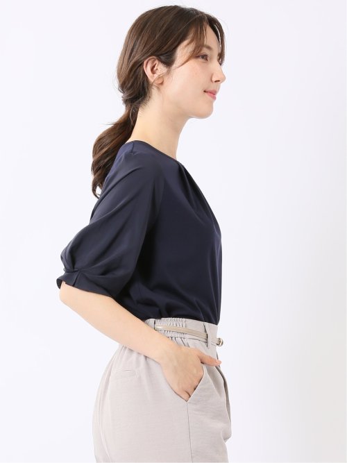 Tシャツ プルオーバー レディース 半袖 ストレッチ クルーネック 無地 袖布帛