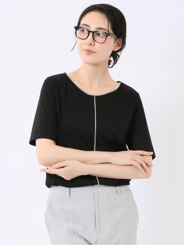 接触冷感 配色ライン クルーネック 半袖 プルオーバー