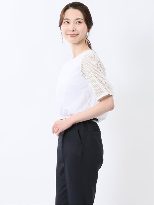 レース切替 クルーネック 半袖プルオーバー