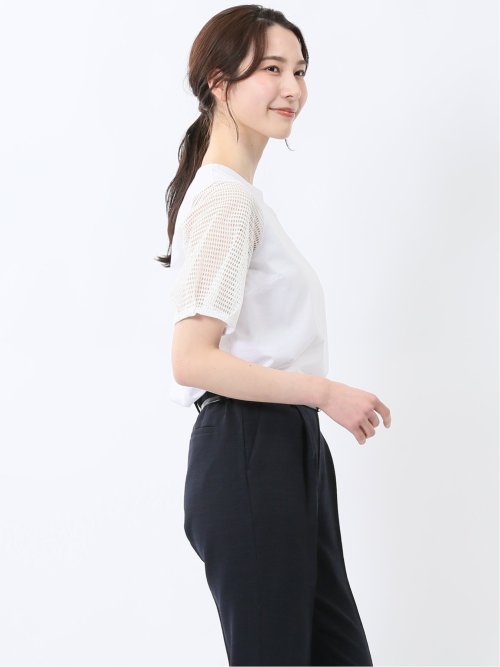 レース切替 クルーネック 半袖プルオーバー