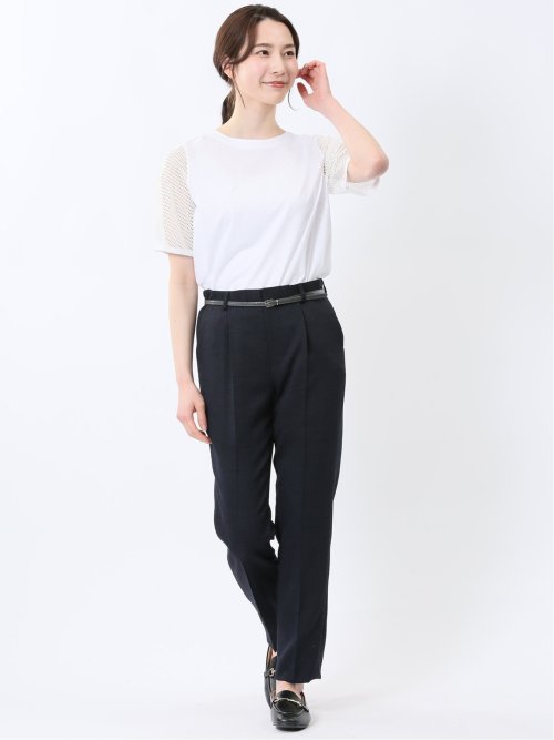 レース切替 クルーネック 半袖プルオーバー