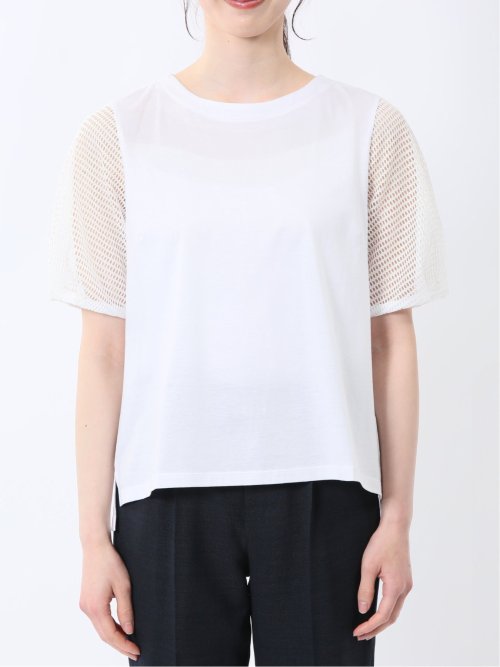 レース切替 クルーネック 半袖プルオーバー