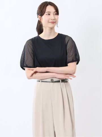 レース切替 クルーネック 半袖プルオーバー