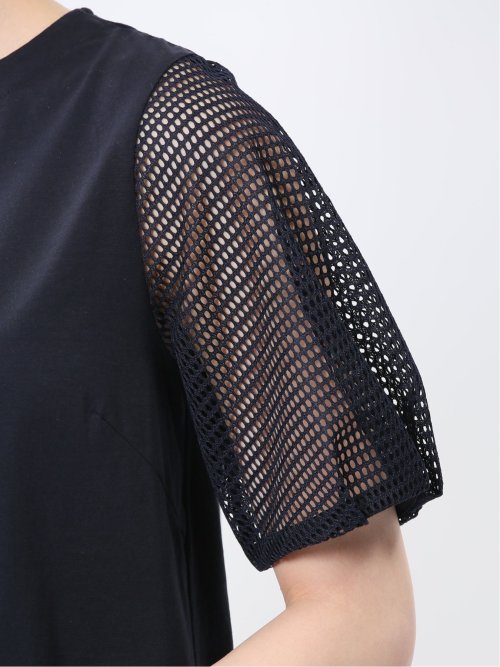 レース切替 クルーネック 半袖プルオーバー