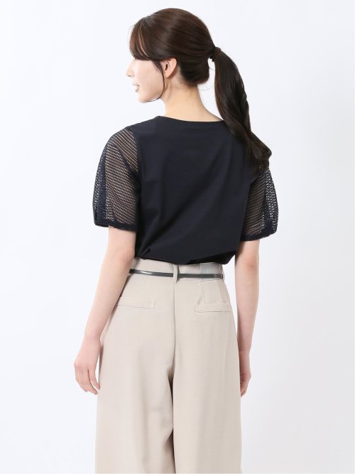 レース切替 クルーネック 半袖プルオーバー