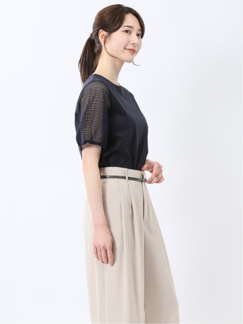 レース切替 クルーネック 半袖プルオーバー