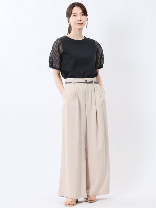 レース切替 クルーネック 半袖プルオーバー