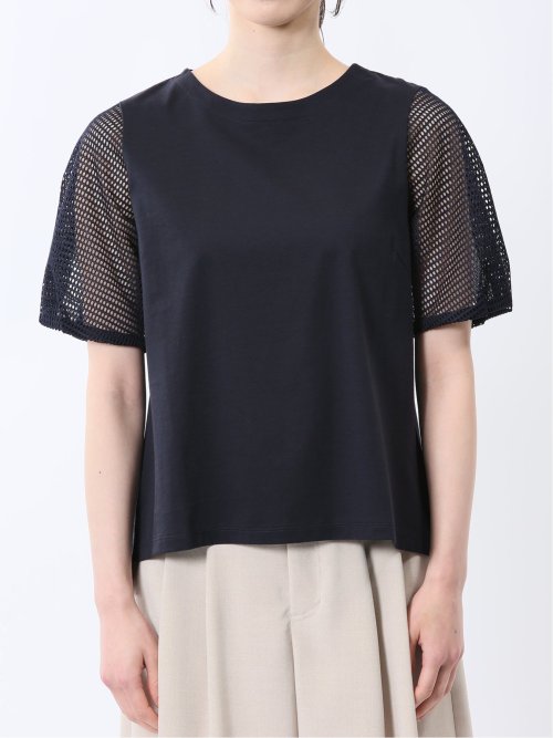 レース切替 クルーネック 半袖プルオーバー