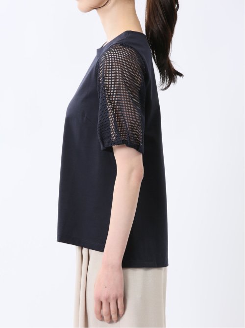 レース切替 クルーネック 半袖プルオーバー