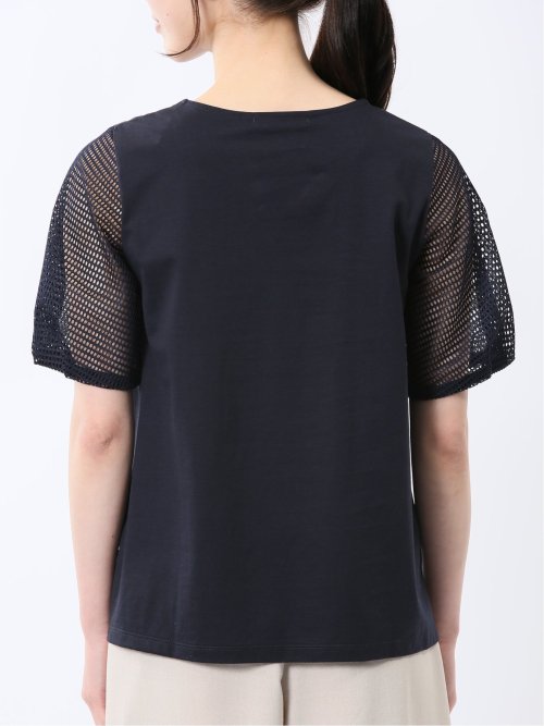 レース切替 クルーネック 半袖プルオーバー